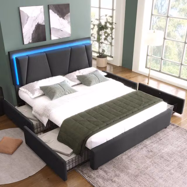 Letto imbottito REDOM grigio con illuminazione LED sottostante e 4 cassetti L/P: 160 x 200 cm – 1