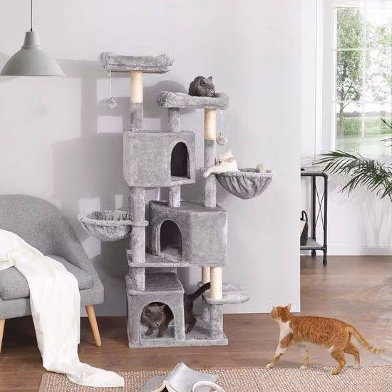 Torre per gatti, con 3 casette, 164 cm, grigio chiaro
