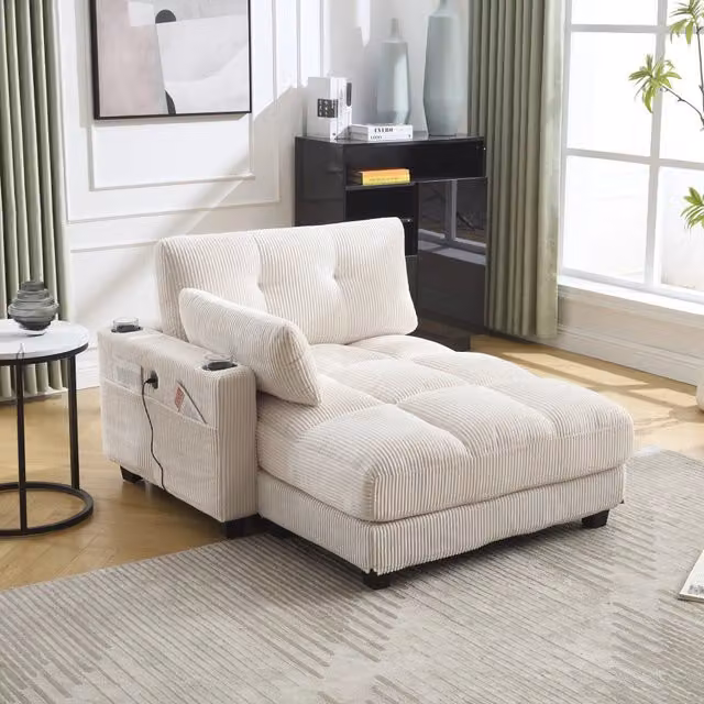 Poltrona lounge FOLYNA in tessuto a coste beige con portabevande, tasche laterali, porta USB e cuscini, L: 140 cm, P: 112 cm, H: 81 cm