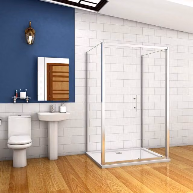 185 cm Box Doccia a Tre Lati Porta Scorrevole con Doppia Parete Fissa Vetro Temperato 5 mm Trasparente Telaio Cromato Lucido 90x170x90 cm