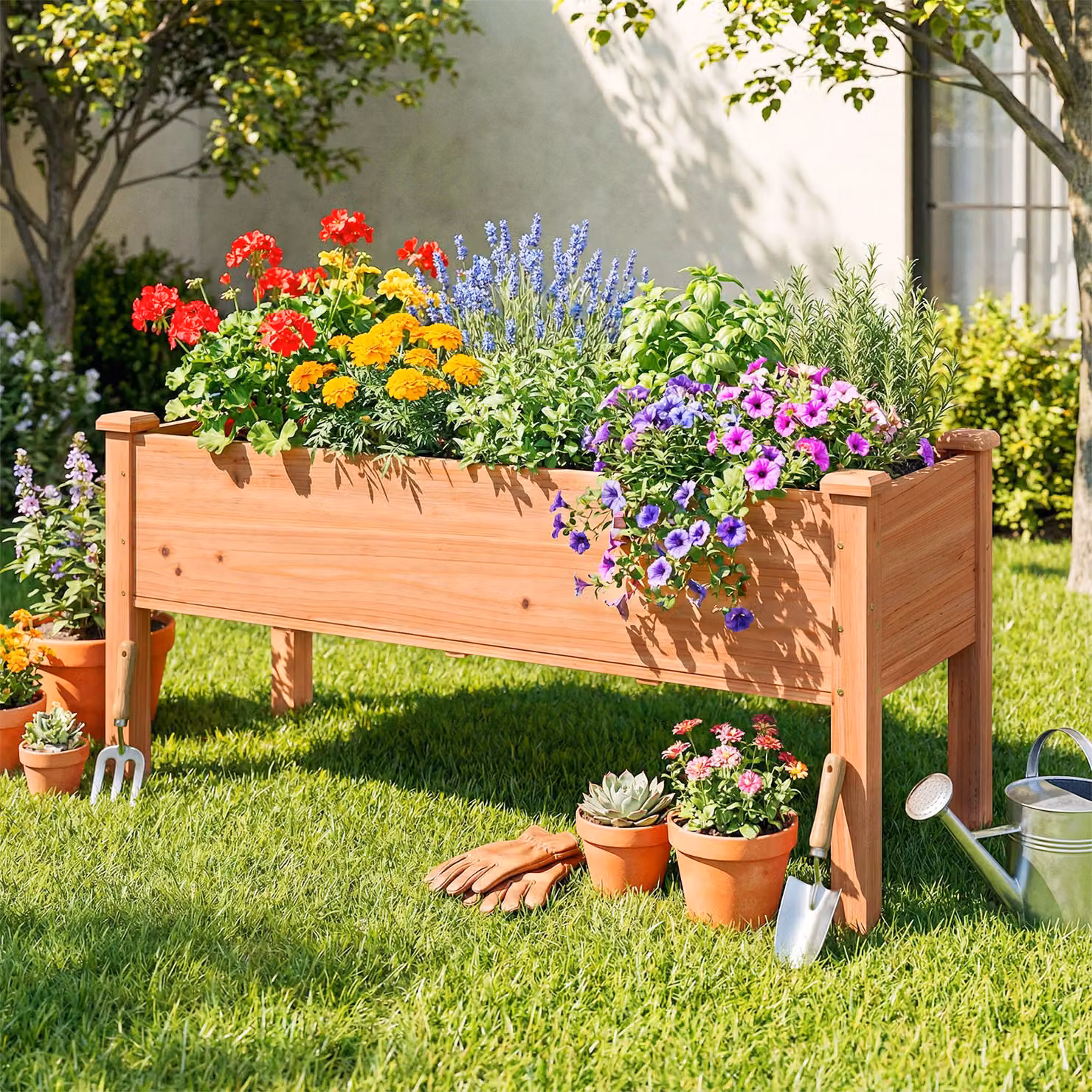 Fioriera rialzata in legno di abete Costway marrone per orto, erbe aromatiche e fiori L: 120 cm, P: 43,5 cm, H: 51 cm