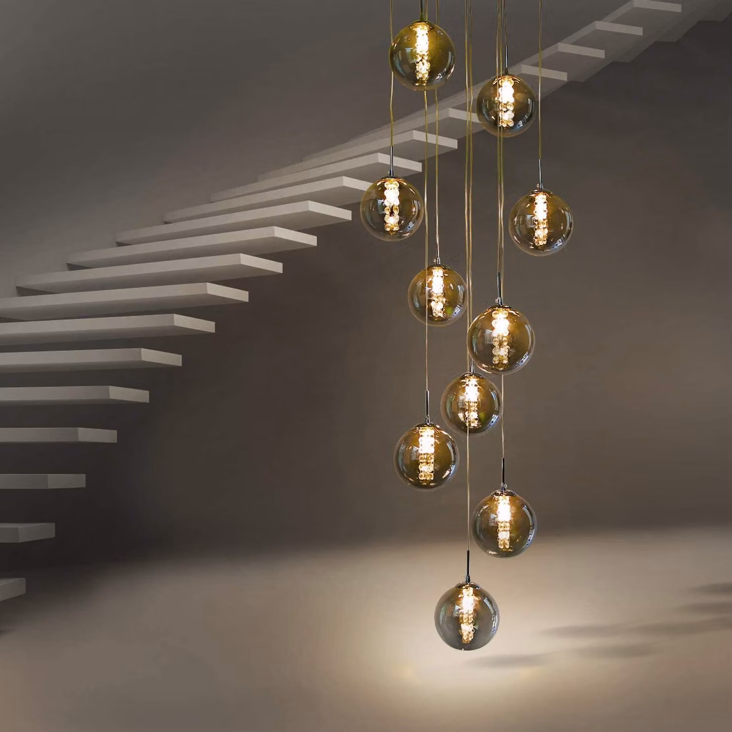 ZMH Lampada a sospensione per tavolo da pranzo, lampada da scala, regolabile in altezza, lampada a sospensione a 10 luci, vetro grigio, lampada da tavolo da pranzo per soggiorno, villa, corridoio