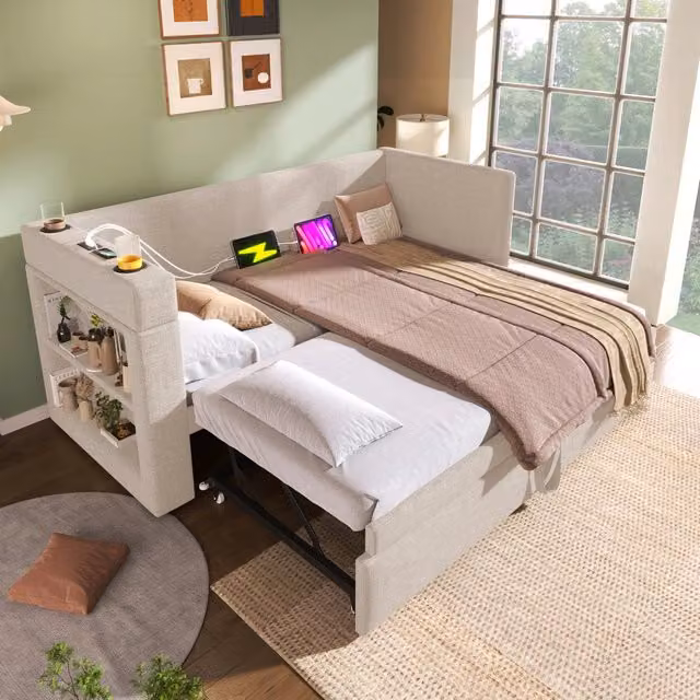 Divano letto singolo 90x190 beige con letto estraibile salvaspazio e prese USB-C