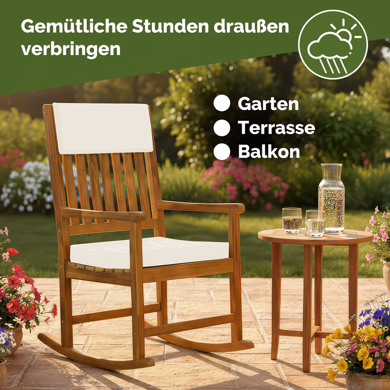 Sedia a dondolo Casaria in legno di acacia marrone con cuscini, H 107 x L 54 x P 76 cm – 4