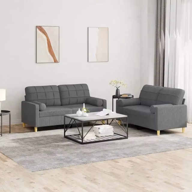 Set di 2 divani moderni vidaXL in tessuto grigio con cuscini decorativi per soggiorno