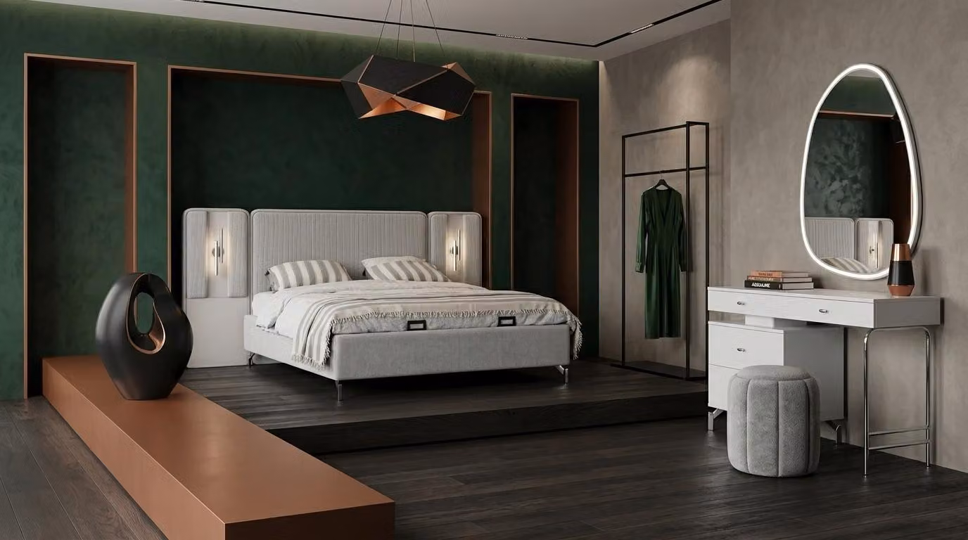 Bett Schminktisch Spiegel Pouf Schlafzimmer Stil modern grau bequem