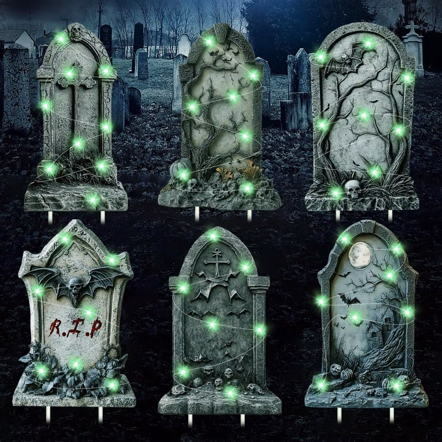 6 lapidi a LED per Halloween, con una catena luminosa di 3 metri, decorazioni spaventose per il giardino