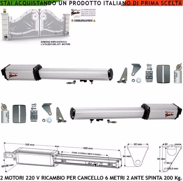 Motori Elettromeccanici Attuatore 230 V Corsa 500 MM Spinta 2 Q.li Ricambio Cancello Automatico 6 Metri 2 Ante Kit Staffe Sblocco nel Carrello di Traino 2 Cond. 16 µF Compatibili Elettronica Esistente