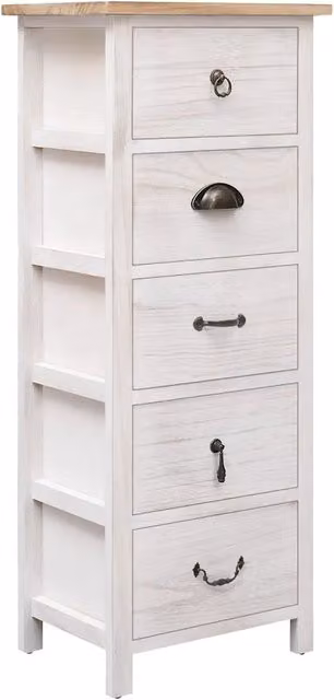 Mobiletto laterale decorativo con 5 cassetti in legno di Paulownia bianco stile shabby chic L/P/H: 35 x 25 x 87 cm
