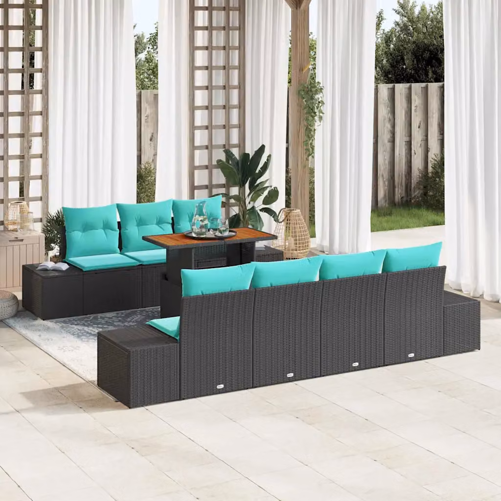 Set Divano da Giardino vidaXL a forma a U composto da 8 pezzi in rattan nero con cuscini inclusi e tavolino da caffè