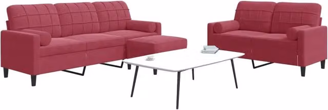 Set di divani moderno vidaXL in velluto rosso composto da divano a 3 posti, divano a 2 posti e pouf con cuscini e struttura in metallo