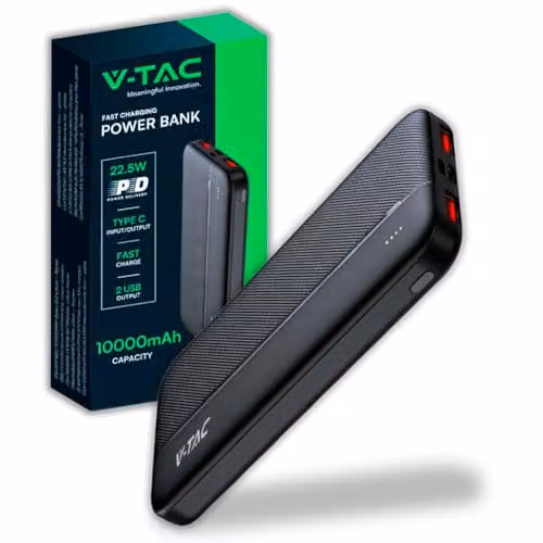 V-TAC Power Bank 10000mAh, Ricarica Rapida PD 22.5W, USB-A, USB Type-C, Micro USB, Bianco