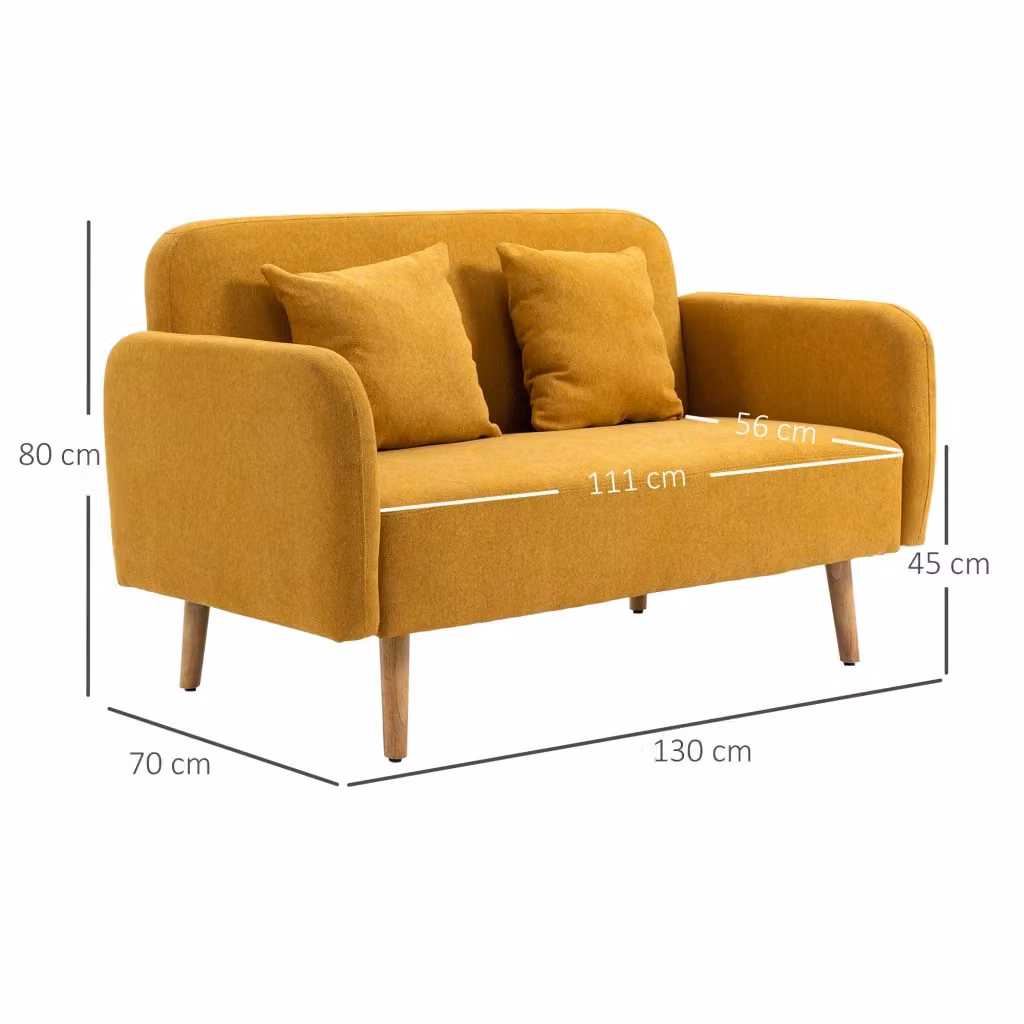 Divano a 2 posti moderno WISHDOR in tessuto di poliestere con 2 cuscini e piedini in legno di gomma, colore beige e giallo, L: 130 cm, P: 80 cm, H: 70 cm – 2