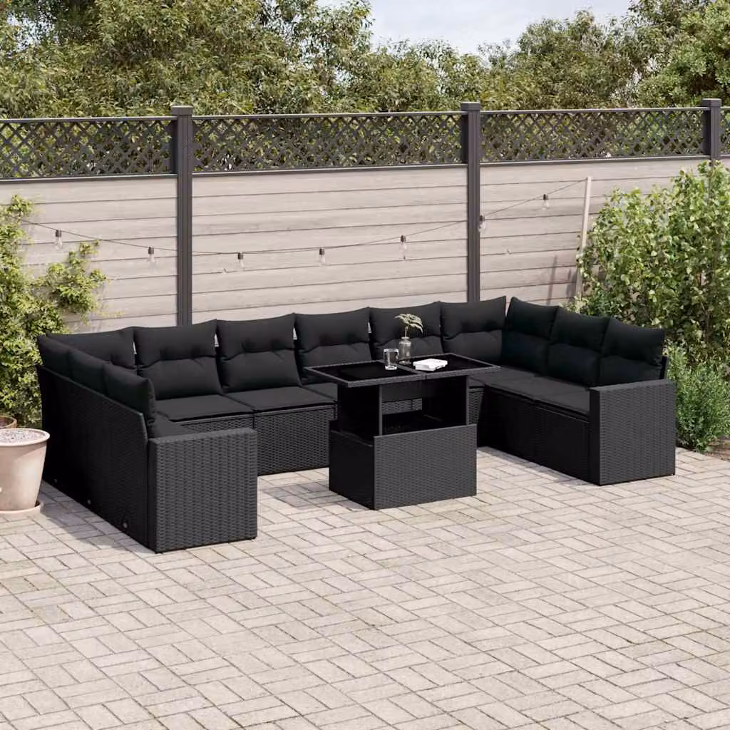 vidaXL Set Divani da Giardino 11 pz in Polyrattan Nero con Cuscini Imbottiti e Tavolino – 1