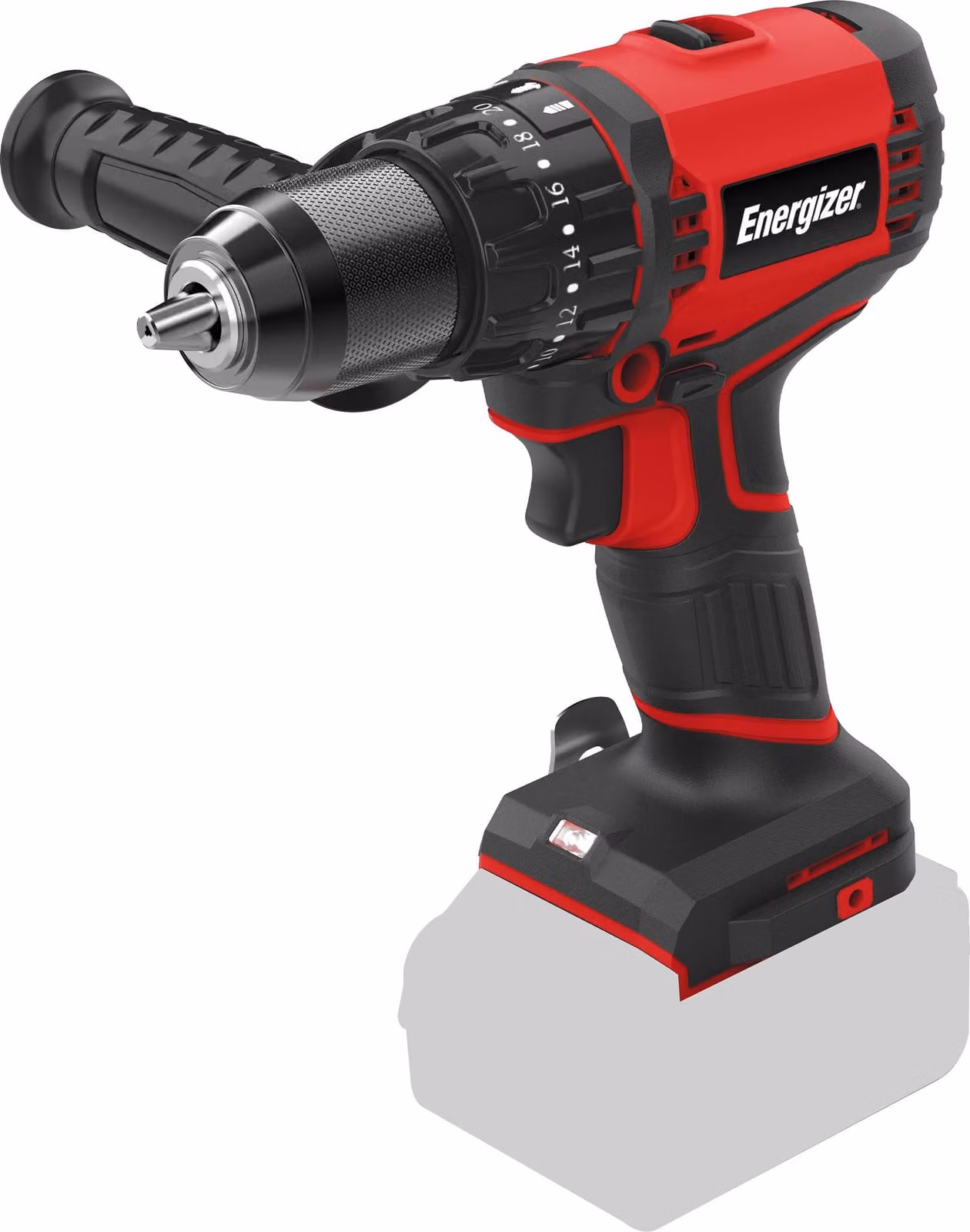 Trapano a percussione a batteria Energiser da 20 V: 60 Nm, 0-1850 giri/min, mandrino da 13 mm, regolazione della coppia, impugnatura morbida, clip per cintura, batteria non inclusa.