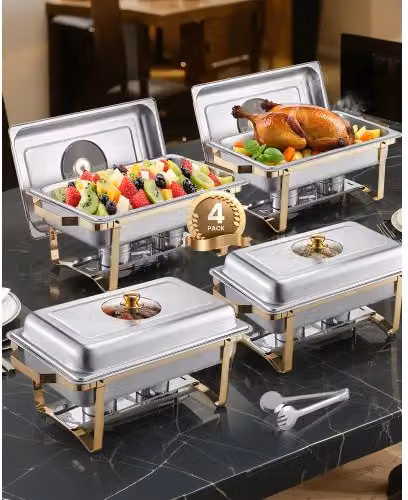 Set da Buffet Scaldavivande VEVOR in Acciaio Inox con 4 Padelle e Coperchio in Vetro, Capacità 7,5 L, Colore Argento
