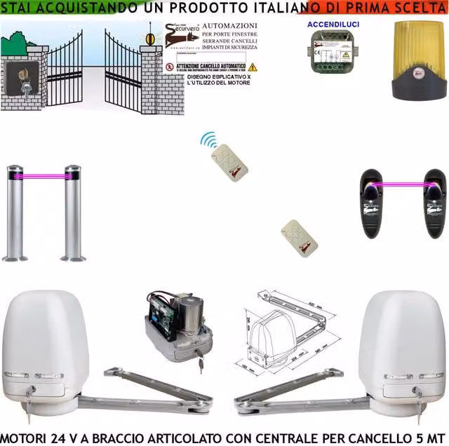 Automatismo Cancello Kit Motori Braccio Articolato 24 V 2 Ante da 1 a 2,5 MT Centrale 220/24 V 2 Radiocomandi Selettore Faro 2 Fotocellule 2 Paline Accendiluci