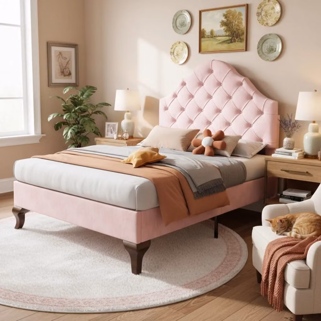 Letto imbottito moderno KOMHTOM in velluto rosa L 90 cm x P 200 cm – 2