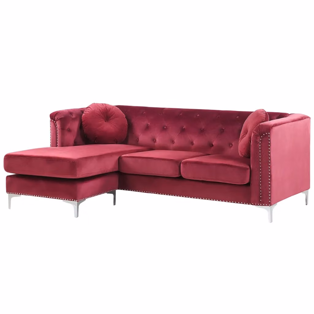 Divano ad angolo Beliani a 3 posti in velluto rosso con forma a L versione destra e cuscini aggiuntivi L/P/H: 212 x 145 x 77 cm – 2