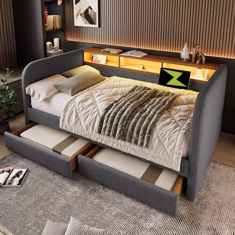Flieks letto imbottito divano letto 140x190cm con funzione di ricarica (USB e type-c), letto da giorno matrimoniale con LED e 2 cassetti, biancheria funzionale, grigio