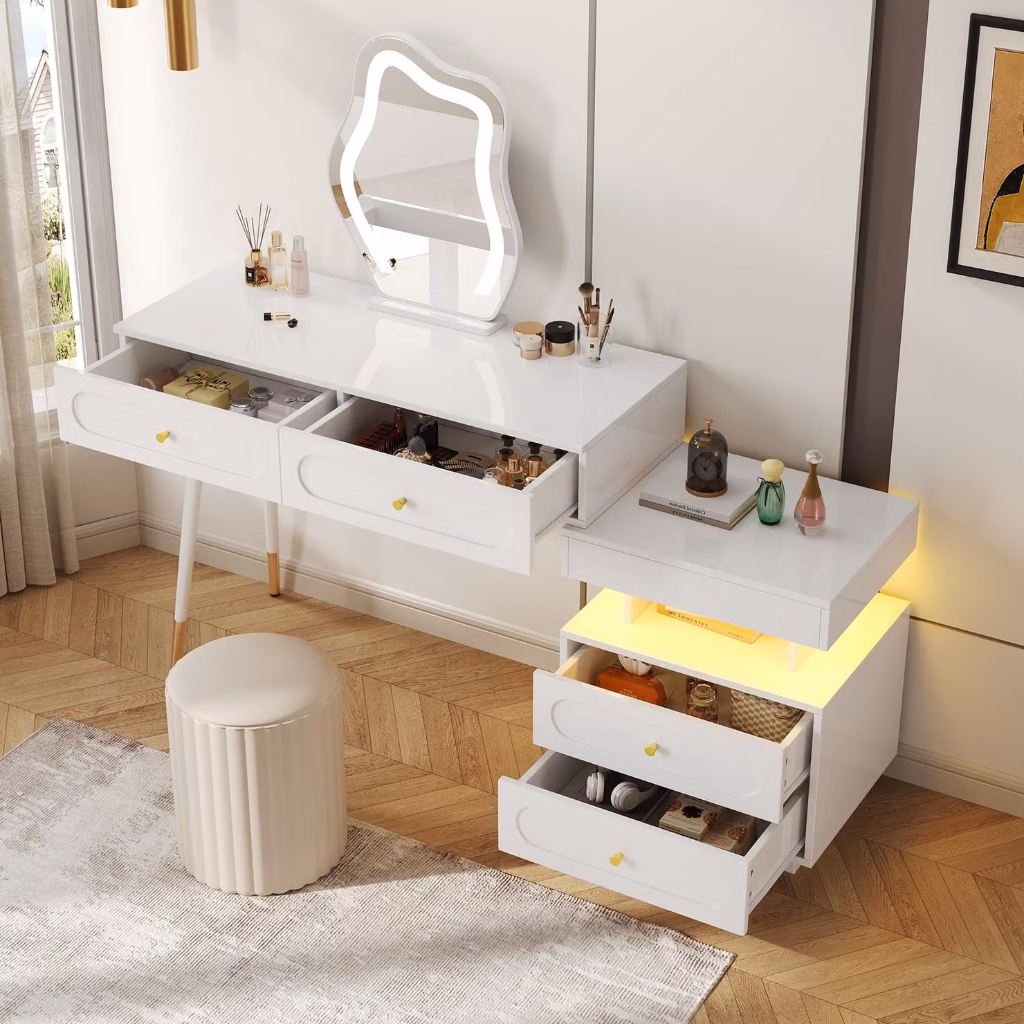 STILVORA Toeletta con 4 cassetti, tavolino con specchio a LED, comò da trucco con vano portaoggetti aperto, senza sgabello, bianco