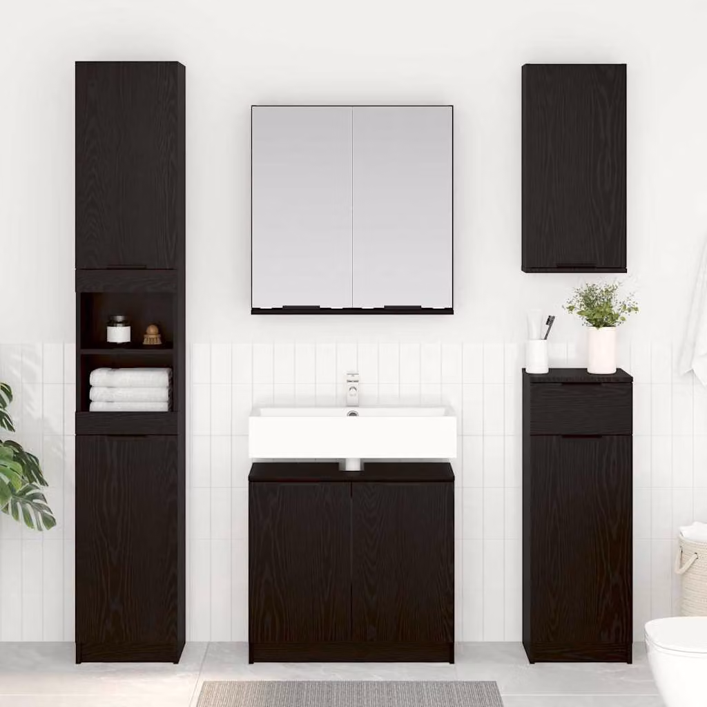 Set di 3 mobili da bagno moderni vidaXL in legno MDF nero e rovere con mobile sottolavabo, armadietto specchio e colonna alta