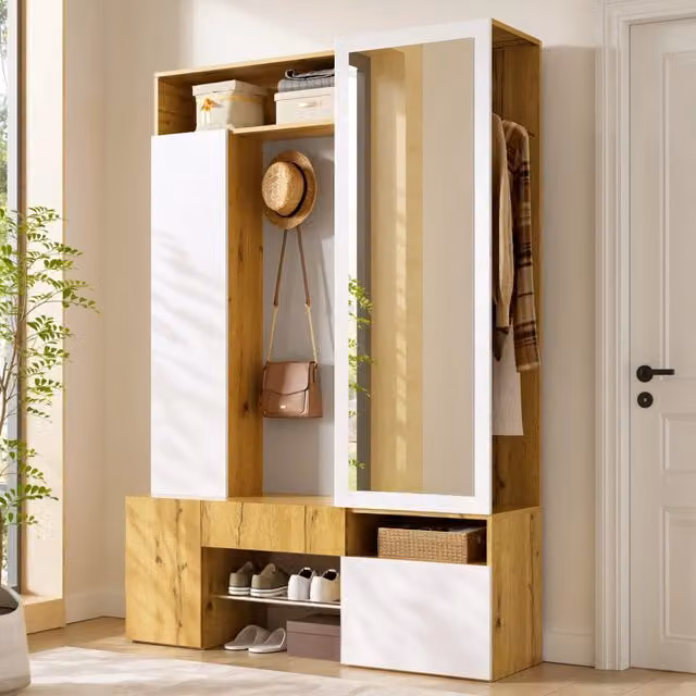 Armadio da ingresso con specchio, scarpiera, appendiabiti e ripiani, per ingresso e corridoio, in MDF, bianco e naturale, 127 × 35 × 180.5 cm