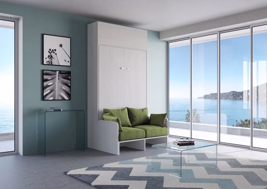 Letto Matrimoniale Francese A Scomparsa Kentaro con Divano e Pensile Giordanoshop Bianco Frassino e Verde L/P/H: 250.5 x 153.6 x 220 cm – 2
