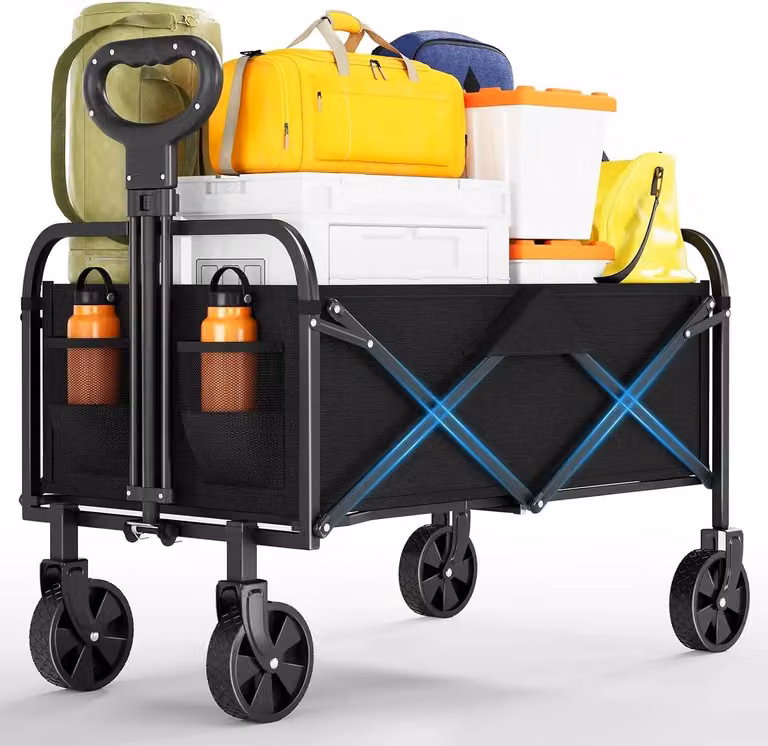 Carrello pieghevole - Carrello da spiaggia e da giardino - Capacità 50 l - Portata 50 kg - Per carichi pesanti - Nero