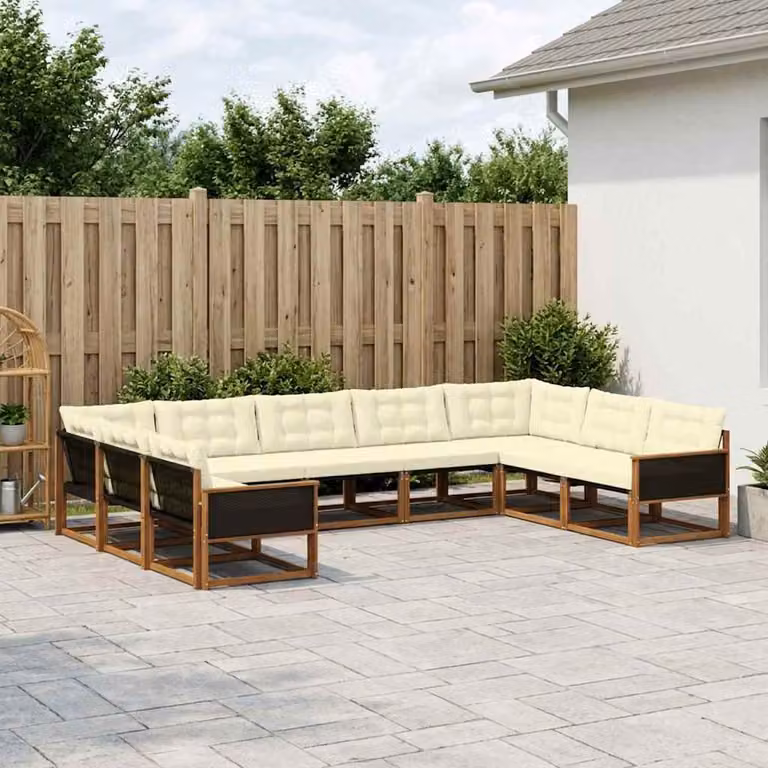 Set di divani da esterno vidaXL a forma di L in legno di acacia con cuscini, beige e bianco