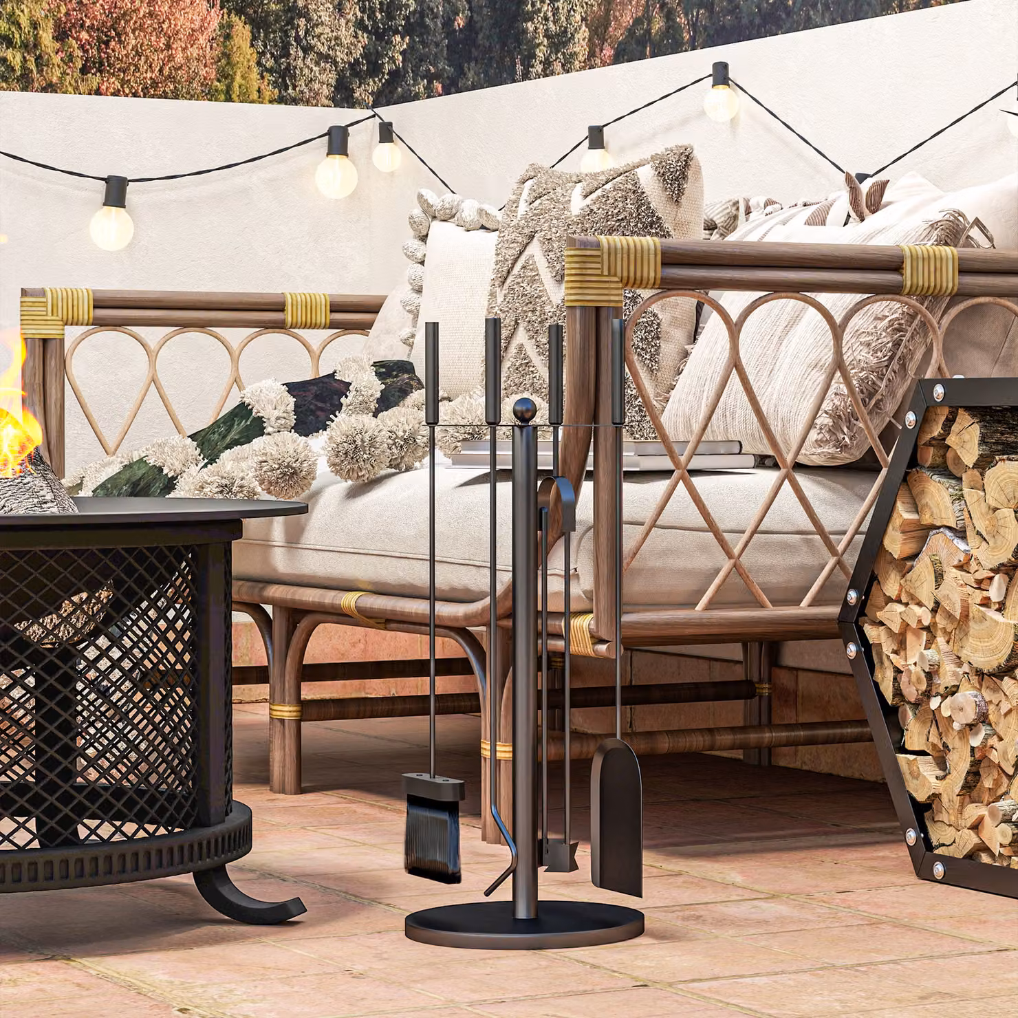 Set di attrezzi per camino Outsunny composto da 5 pezzi con pala, spazzola, pinze, attizzatoio e supporto in metallo, colore nero – 2