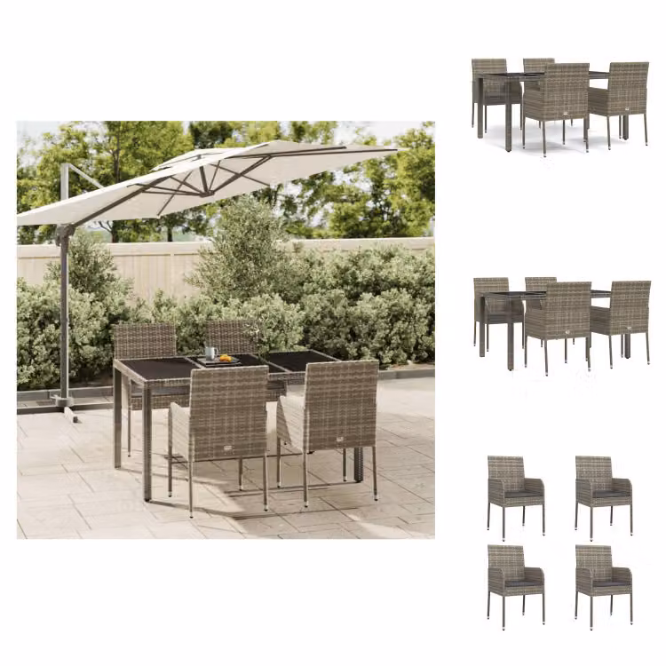 vidaXL Set da pranzo da giardino 5 pezzi con cuscini in poly rattan grigio - Set di mobili da giardino