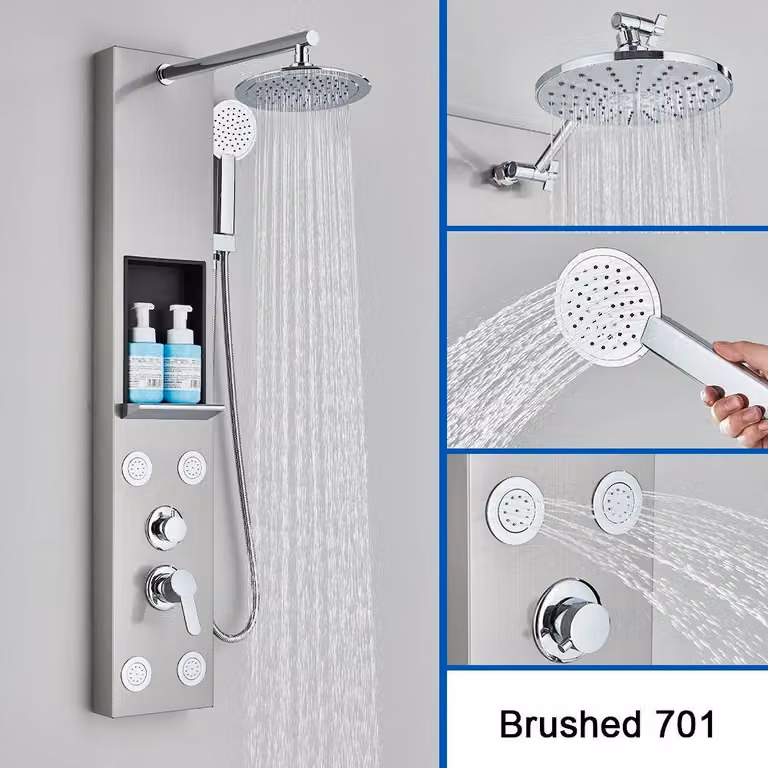 Pannello doccia - Colonna doccia con soffione a pioggia - Illuminazione LED - Getto d'acqua a cascata - Ugelli massaggio e getti spa - Montaggio a parete - Miscelatore monocomando - Finitura spazzolata - Modello 701