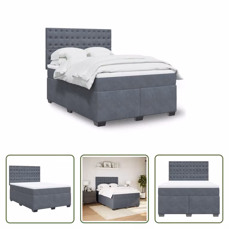 The Living Store Letto a molle con materasso grigio scuro 140x190 cm in velluto