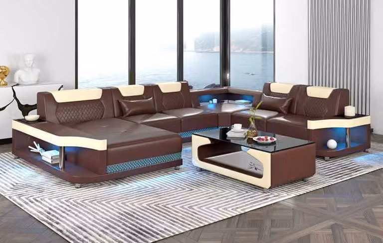 Großes Sofa Wohnlandschaft LED XXL U-Form Ecksofa Ledersofa Schwarz