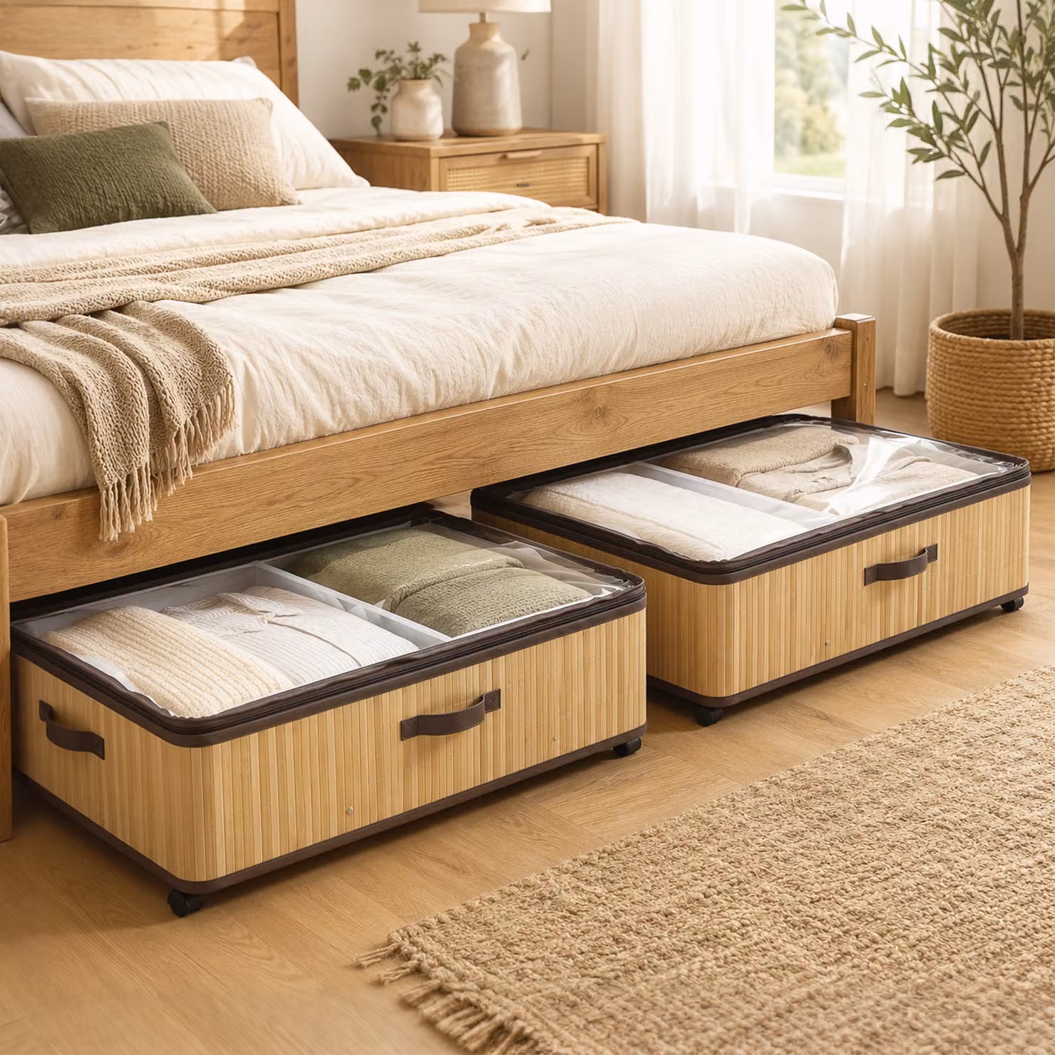 Set di 2 contenitori sottoletto HOMCOM da 60 L con ruote e coperchio, colore naturale, L 78,5 cm x P 43 cm x H 23 cm – 2