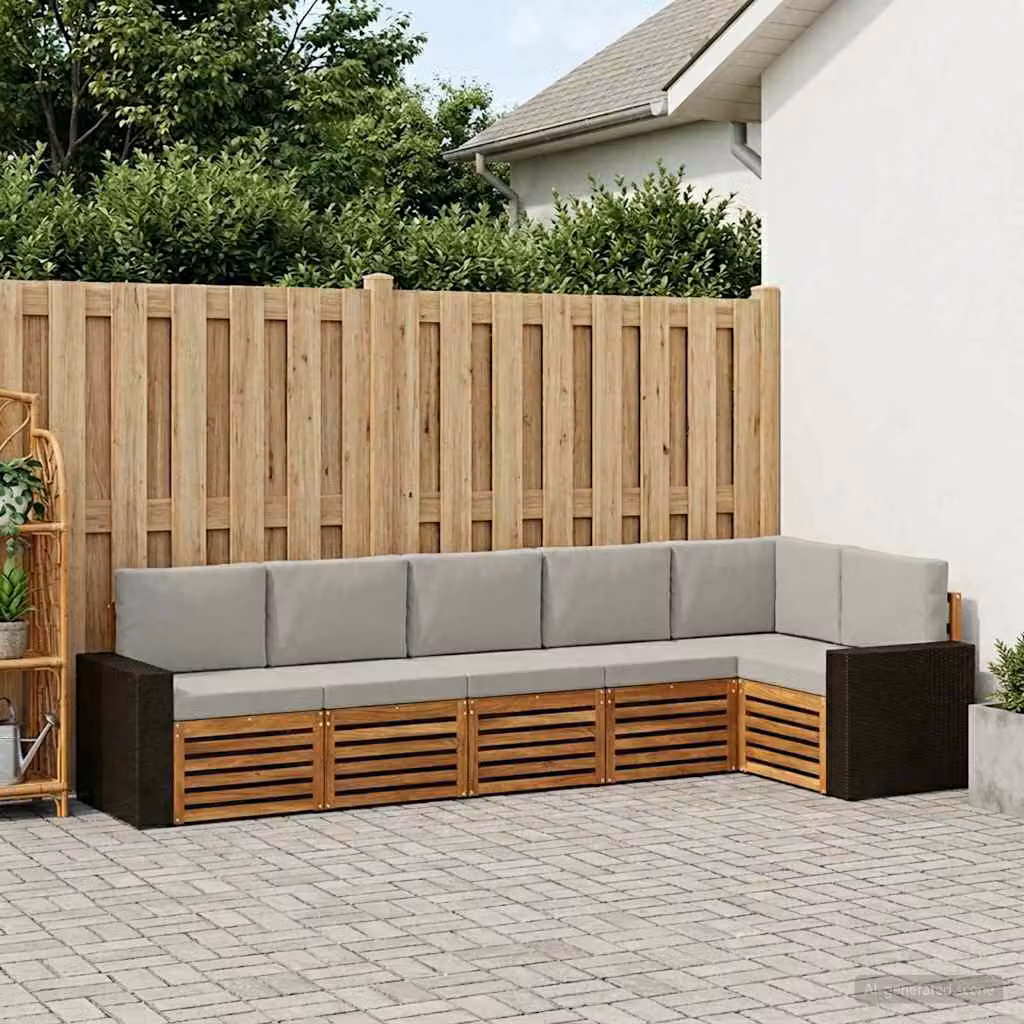 Set di divani da esterno a L vidaXL in legno di acacia con cuscini, 6 pezzi, Beige e Grigio