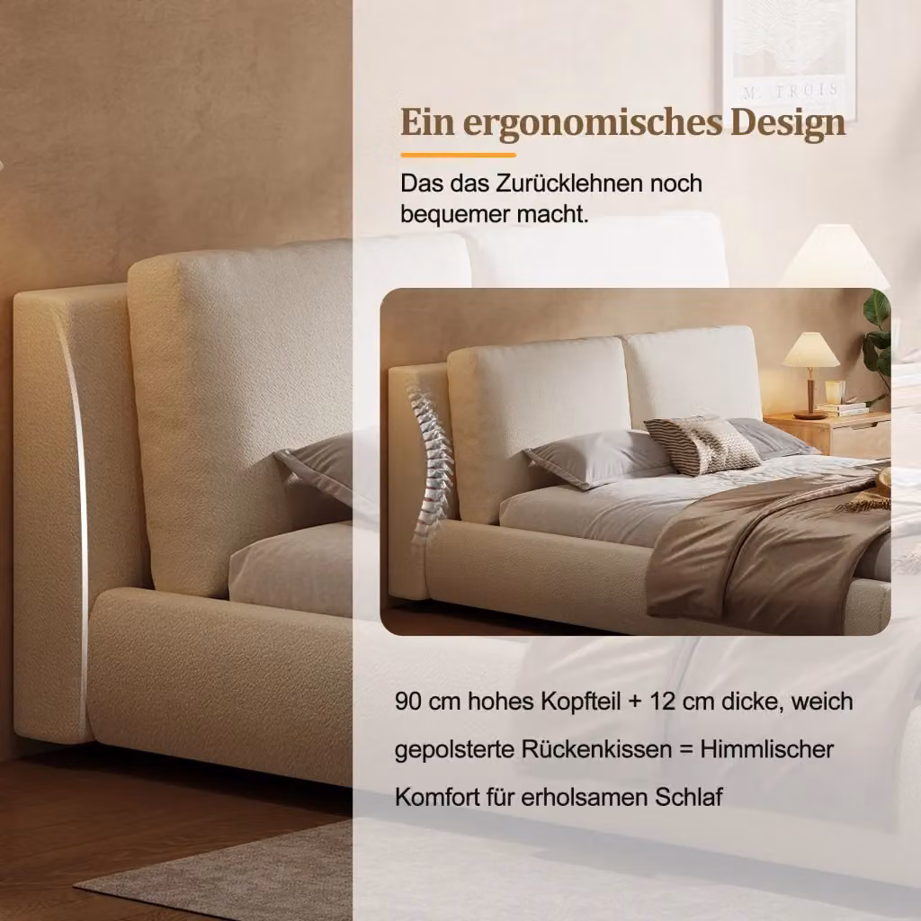 Letto REDOM con rete a doghe e testiera imbottita in tessuto beige bouclé L/P: 180 x 200 cm – 2