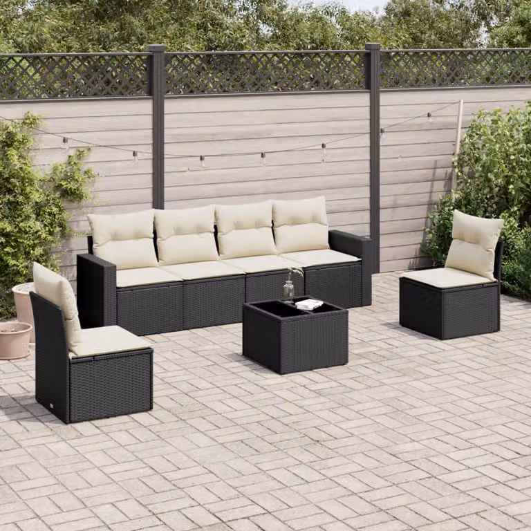 Set di divani da giardino vidaXL a forma di L con cuscini e tavolino da esterno in polyrattan nero