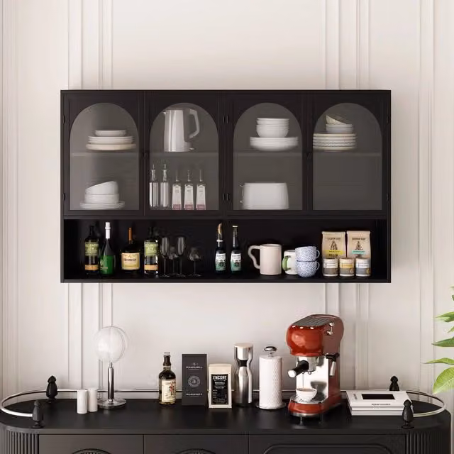 Armadietto a parete Minimal con 4 ante in vetro grigio e struttura nera per bagno, cucina o soggiorno, L: 120 cm – 1
