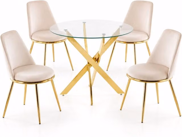 Set tavolo e sedie con 1 tavolo e 4 sedie imbottite con schienale per sala da pranzo in metallo e velluto bianco crema