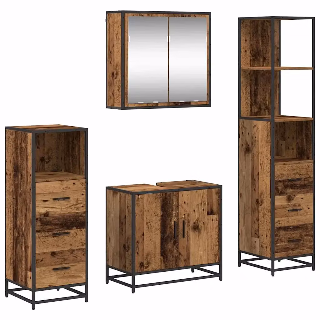 Set di mobili per il bagno moderno vidaXL in legno e metallo marrone composto da 4 pezzi con armadietto specchiato, mobile lavabo, colonna alta e mobile laterale – 2