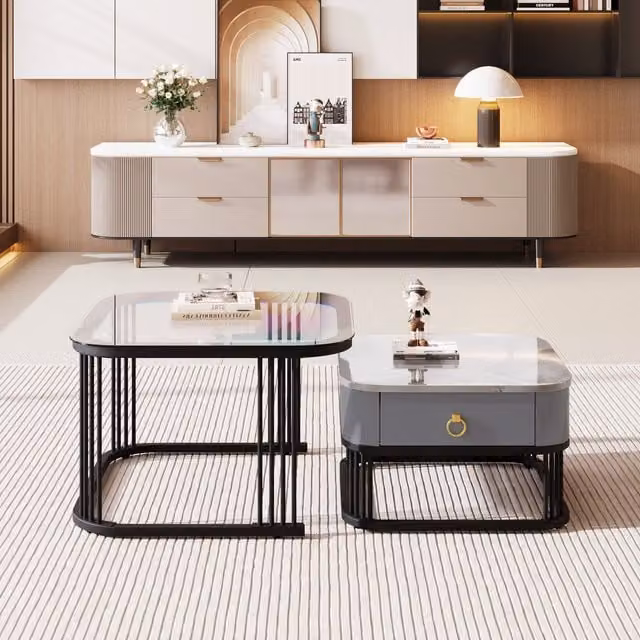 Set di 2 Tavolini da Salotto Impilabili GL Store con Piano in Marmo Lucido e Vetro, Struttura in Metallo, Nero, L/P/H: 60 x 60 x 42 cm e 50 x 50 x 34 cm – 1