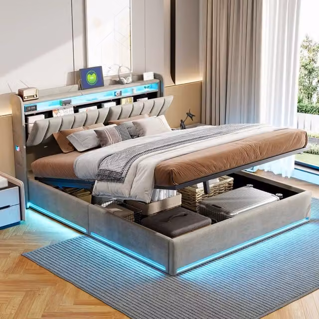 Letto contenitore imbottito 140 x 200 cm con testiera portaoggetti;mensole aperte a 2 livelli;LED USB;alzata idraulica;velluto grigio;rete a doghe