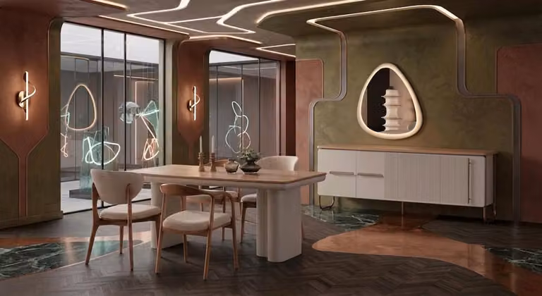 Tavolo da pranzo, 4 sedie, consolle, specchio. Stile: moderno. Colore: marrone. Forma: rettangolare. Destinato alla sala da pranzo