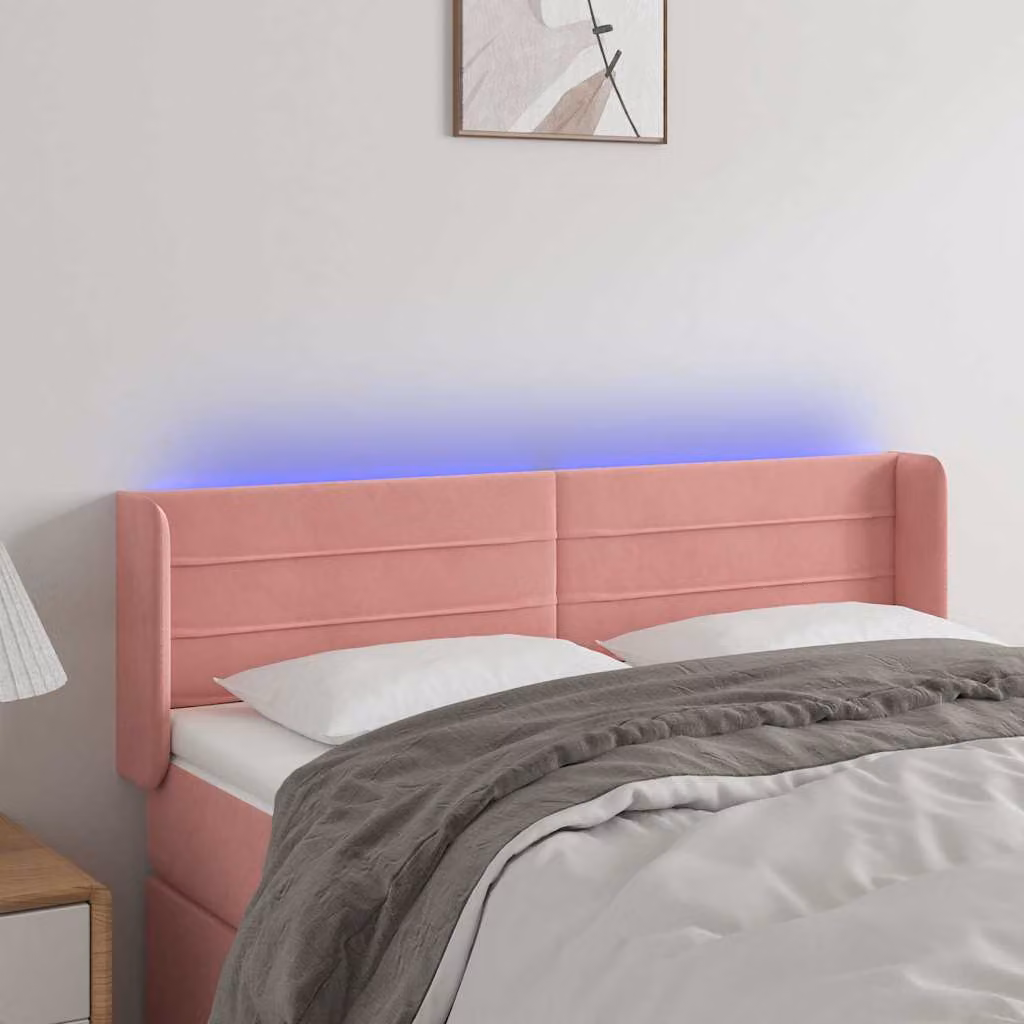 Testiera per letto vidaXL in velluto rosa con illuminazione LED e porta di ricarica USB, L: 147 cm, P: 16 cm, H: 78-88 cm