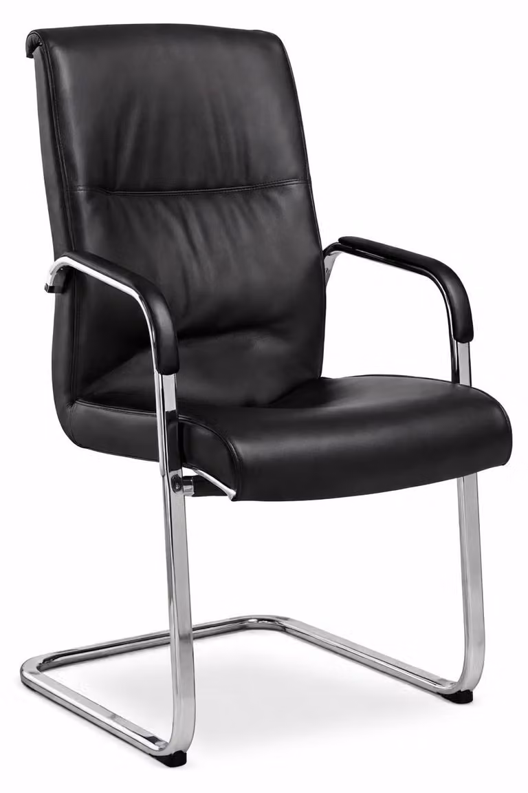 Sedia da conferenza con struttura cantilever in pelle nera e cromatura