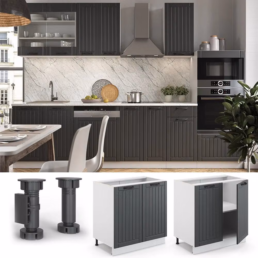 Mobiletto base cucina Fame-Line Vicco Grigio scuro e Bianco con ante a battente e ripiani interni L: 80 cm, H: 82 cm, P: 51,6 cm – 2