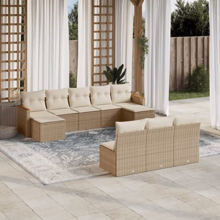 vidaXL Set Divano da Giardino 10 pz in Polyrattan con Cuscini Beige e Struttura in Acciaio Verniciato a Polvere