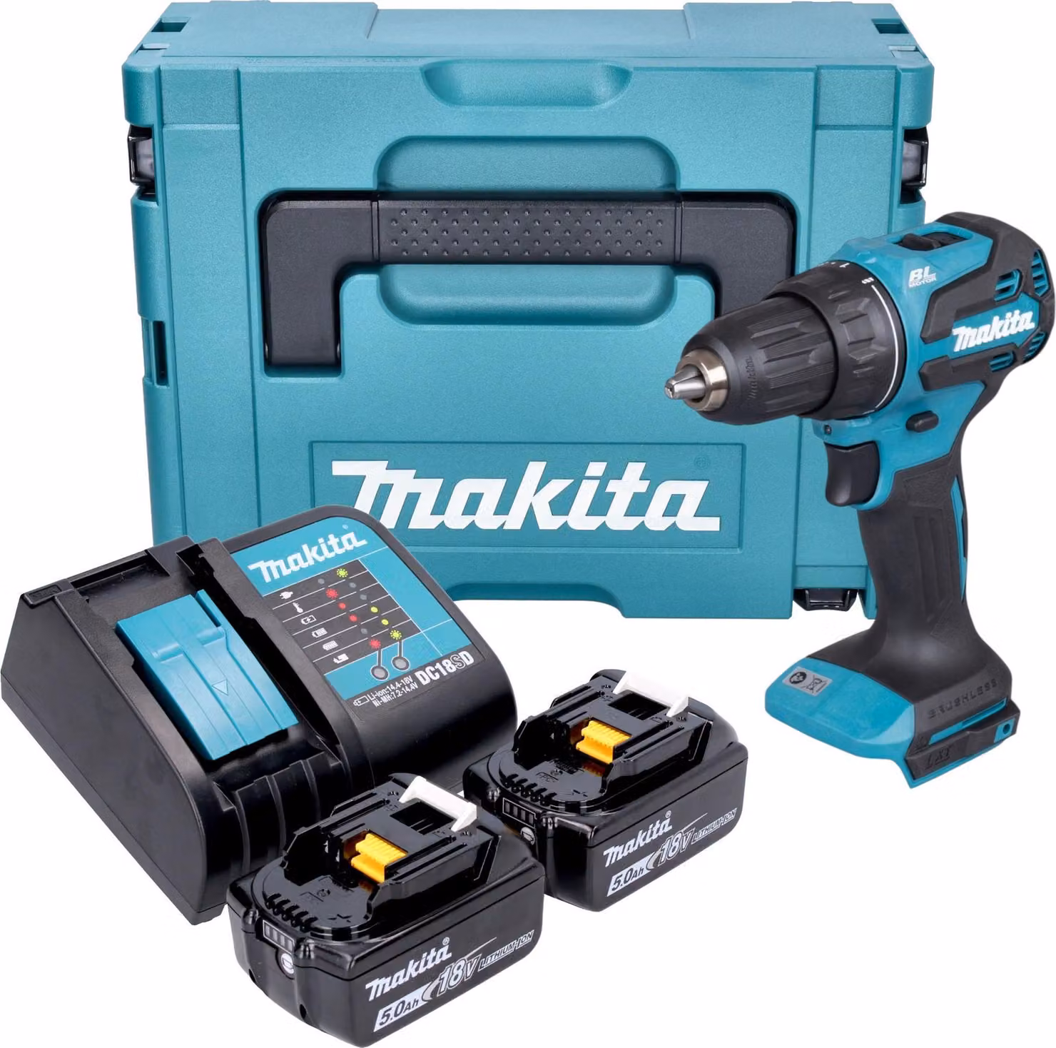 Makita DDF 490 STJ Trapano avvitatore a batteria 18 V 65 Nm 1/2" Brushless + 2x batteria 5,0 Ah + caricabatteria + Makpac
